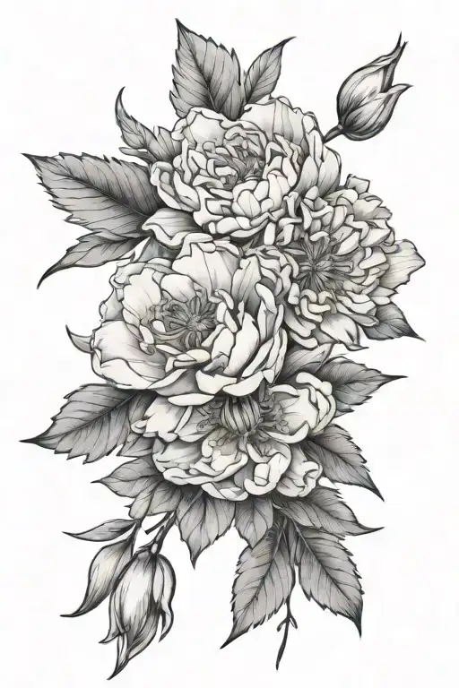 A sketch style tattoo design for the bicep, combining peonies, honeysuckle, narcissus, aster & jonquin flowers tattoo design idea