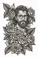 A sketch style tattoo design on the bicep, combining elements of teaching and nature, featuring a whimsical illustration of a teacher surrounded by peonies, honeysuckle, narcissus, aster & jonquin flowers tattoo design idea