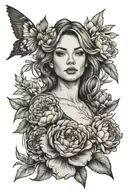 A sketch style tattoo design on the bicep, combining elements of teaching and nature, featuring a whimsical illustration of a teacher surrounded by peonies, honeysuckle, narcissus, aster & jonquin flowers tattoo design idea
