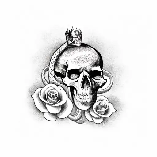 crowned skull, snake going vertical and roses tattoo design idea