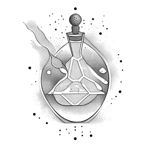 A mystical potion bottle overflowing with colorful cocktails tattoo design idea