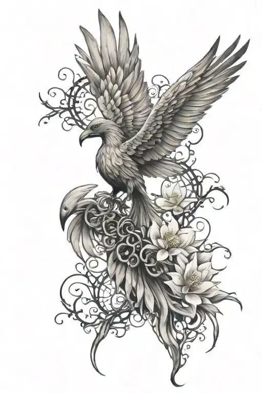 phoenix and chain and lotus flower tattoo design idea