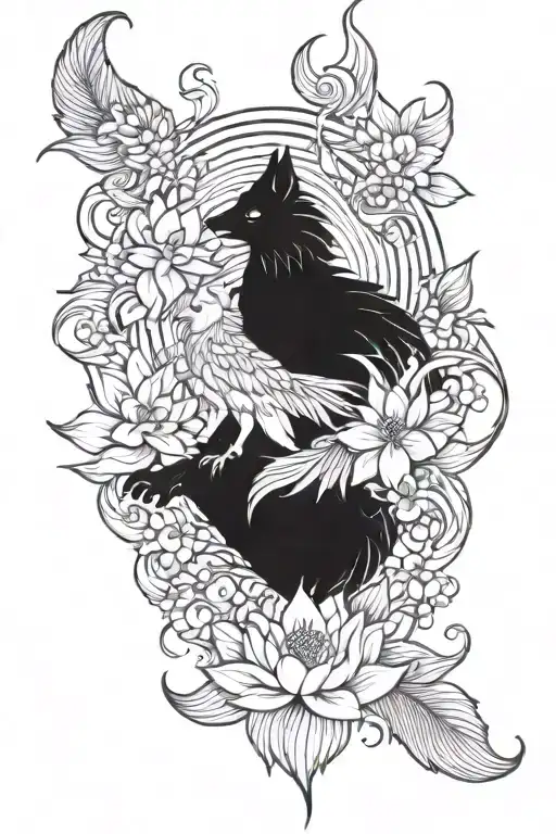 phoenix Lotus flower surrounded wolf standing   tattoo design idea