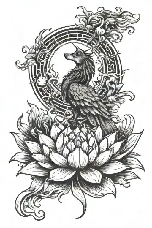 phoenix Lotus flower surrounded wolf howling at the moon tattoo design idea