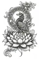 phoenix Lotus flower surrounded wolf howling at the moon tattoo design idea