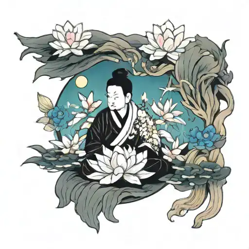 Chinese budist statue  surrounded by koi fish with lotus flowers tattoo design idea