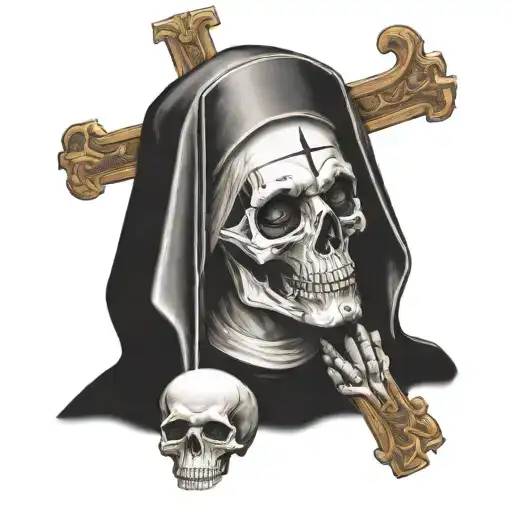 nun praying with upside down cross with half skull face realistic tattoo design idea