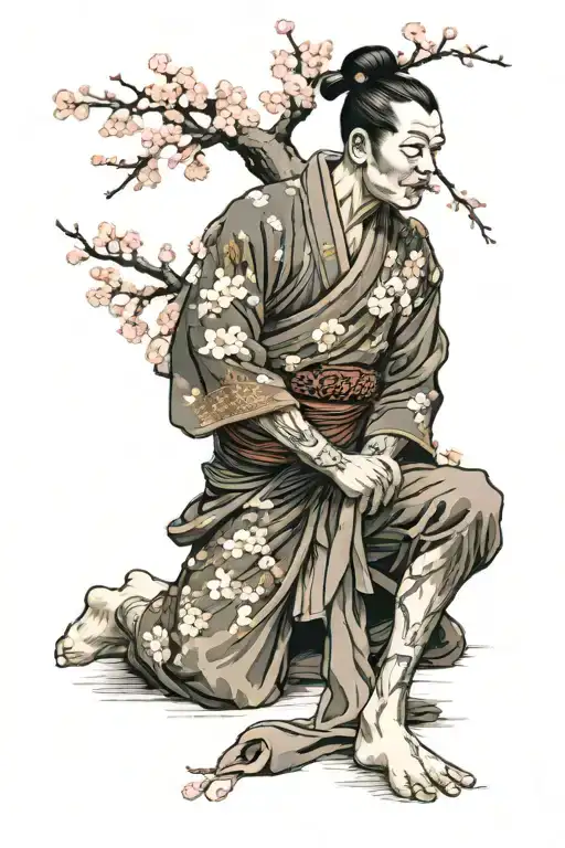Samuri kneeling at Cherry Blossom Tree tattoo design idea