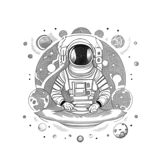 Astronaut dressed in a spacesuit, sitting in the lotus position on a floating lotus flower in space. tattoo design idea
