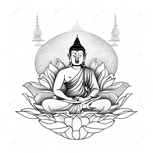 Man sitting on a lotus flower in the Buddha position. tattoo design idea