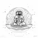 Astronaut dressed in a spacesuit, sitting in the lotus position on a floating lotus flower in space. tattoo design idea