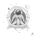 Astronaut dressed in a spacesuit, sitting in the lotus position on a floating lotus flower in space. tattoo design idea