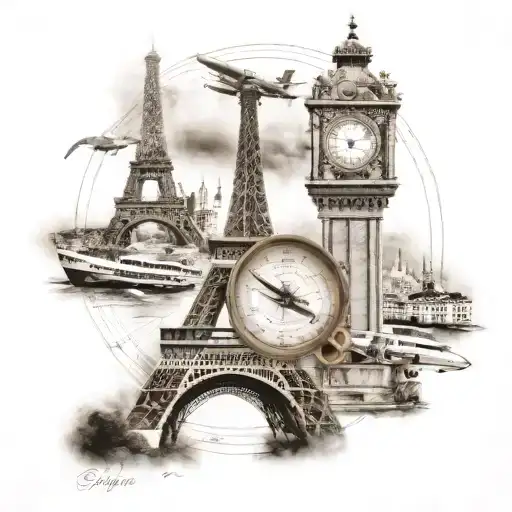 compass European travel Eiffel Tower, colisseum, Rialto bridge, airplane tattoo design idea