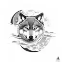 A wolf-themed tattoo with dotwork shading and a moon in the background, symbolizing the gamer's love for gaming and nature tattoo design idea