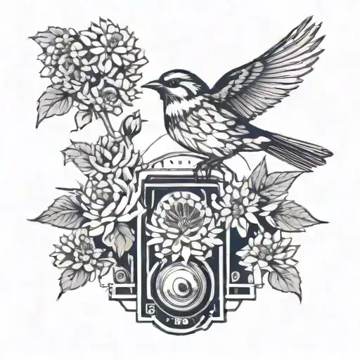 chrysanthemums, lilacs, and a sparrow taking flight with its wings spread and a jukebox in the background tattoo design idea