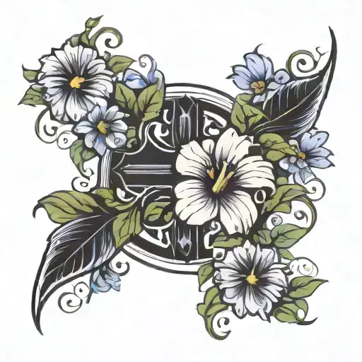 cross with morning glory flowers and aster flowers tattoo design idea