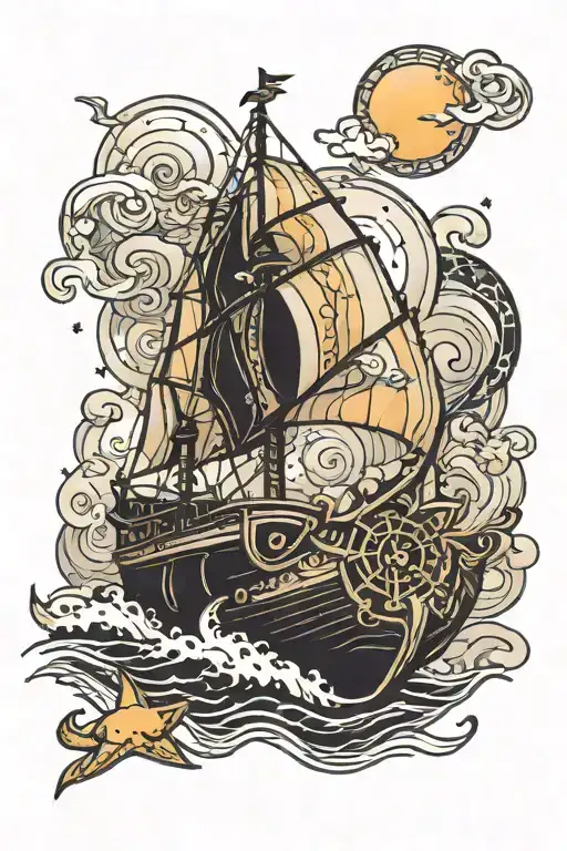 boat on a river called sinner and saint. 5 stars In the sky, 4 of them folded in half tattoo design idea