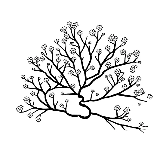 A minimalist tattoo of a cherry blossom tree with a katana embedded in its trunk tattoo design idea