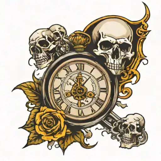 time waits for no one with clock and skull tattoo design idea