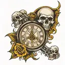 time waits for no one with clock and skull tattoo design idea