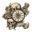 time waits for no one with clock and skull tattoo design idea