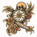 time waits for no one with clock and skull tattoo design idea