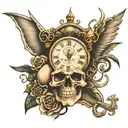 time waits for no one with clock and skull tattoo design idea