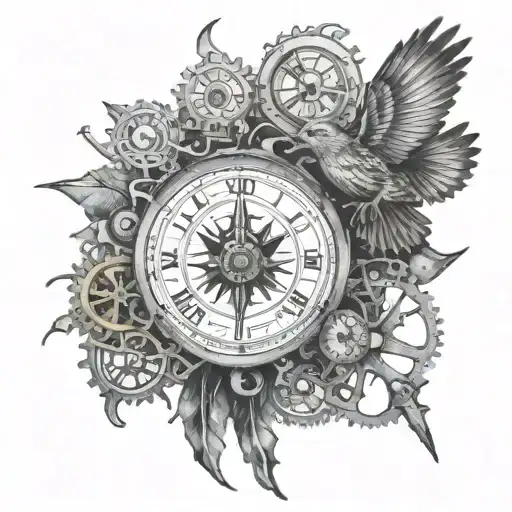 Swalow Bird, Compass and Clock gears forming tattoo design idea