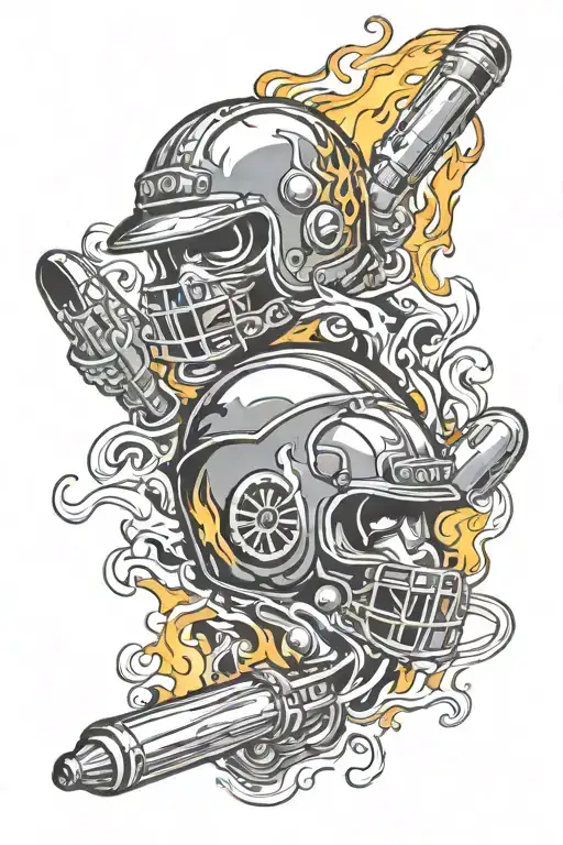 bowling guns and fire helmet engulfed in flames tattoo design idea