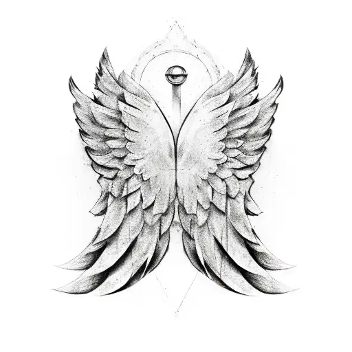 2 angel wings with grandfather clock faded behind wings tattoo design idea