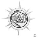 Wayfarer rune with sun and moon being chased by wolves around it tattoo design idea