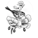 A robin with a california poppy flower and colorado colombine flower tattoo design idea