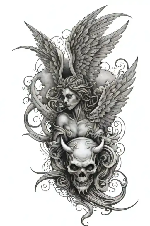 angel wing and devil ding with clouds surrounding tattoo design idea