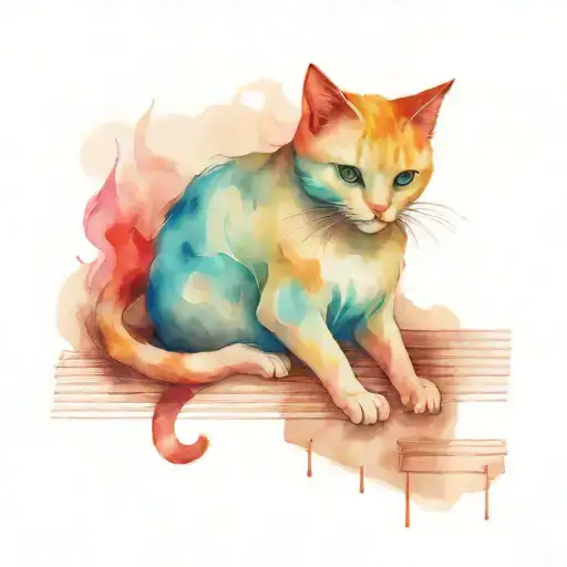 A realistic depiction of a cat with devil horns and a tail, sitting on sheet music tattoo design idea