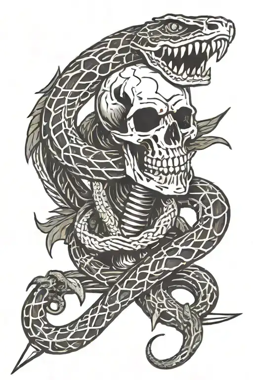 skeletal snake with keris dagger tattoo design idea