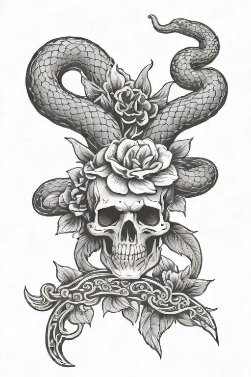 snake, keris dagger, wither flower tattoo design idea