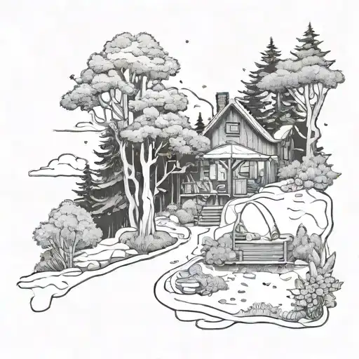 A serene forest scene with a hidden pathway leading to a cozy cafe nestled among the trees, with a space-themed mural on the wall tattoo design idea