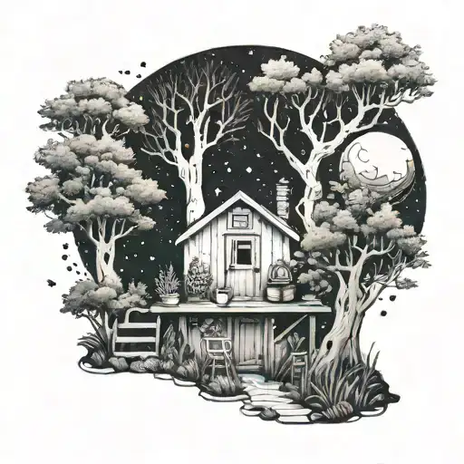 A serene forest scene with a hidden pathway leading to a cozy cafe nestled among the trees, with a space-themed mural on the wall tattoo design idea