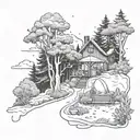 A serene forest scene with a hidden pathway leading to a cozy cafe nestled among the trees, with a space-themed mural on the wall tattoo design idea