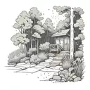 A serene forest scene with a hidden pathway leading to a cozy cafe nestled among the trees, with a space-themed mural on the wall tattoo design idea