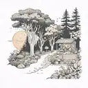 A serene forest scene with a hidden pathway leading to a cozy cafe nestled among the trees, with a space-themed mural on the wall tattoo design idea