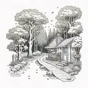 A serene forest scene with a hidden pathway leading to a cozy cafe nestled among the trees, with a space-themed mural on the wall tattoo design idea