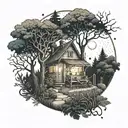 A serene forest scene with a hidden pathway leading to a cozy cafe nestled among the trees, with a space-themed mural on the wall tattoo design idea