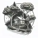 A serene forest scene with a hidden pathway leading to a cozy cafe nestled among the trees, with a space-themed mural on the wall tattoo design idea