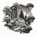 A serene forest scene with a hidden pathway leading to a cozy cafe nestled among the trees, with a space-themed mural on the wall tattoo design idea