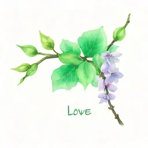 Cherry blossom branch with a lavender vine, wrapping around it with green leaves &on the branch the word love is carved  tattoo design idea