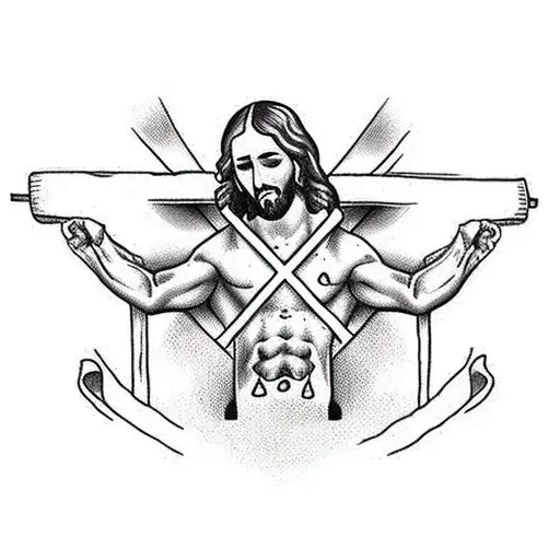 Jesus struggling to carry the cross on his back, with blood dripping down tattoo design idea