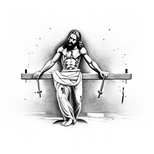 Jesus struggling to carry the cross on his back, with blood dripping down tattoo design idea