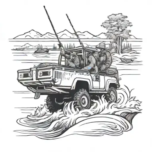 hunting 4wd fishing scene tattoo design idea