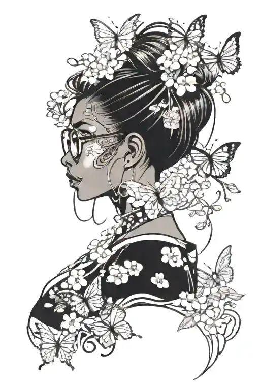 Japanese-style tattoo Black dark-skinned Female with glasses with butterflies and sakura blossoms around her with the le tattoo design idea
